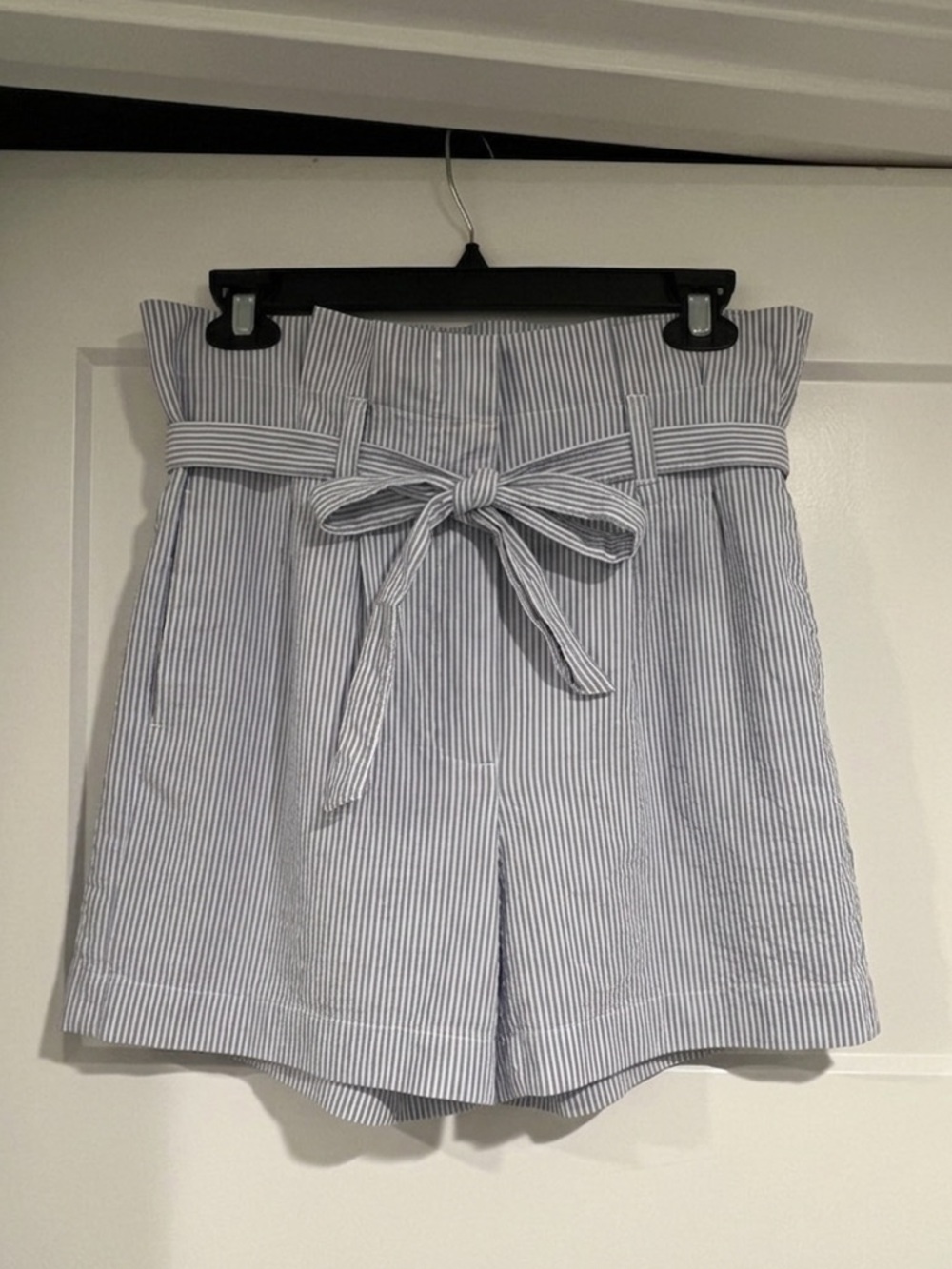 J. Crew High-Waist Paperbag Shorts in Blue and White Pinstripe